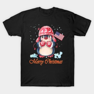 Cute Penguins With American Flag Merry Christmas T-Shirt
